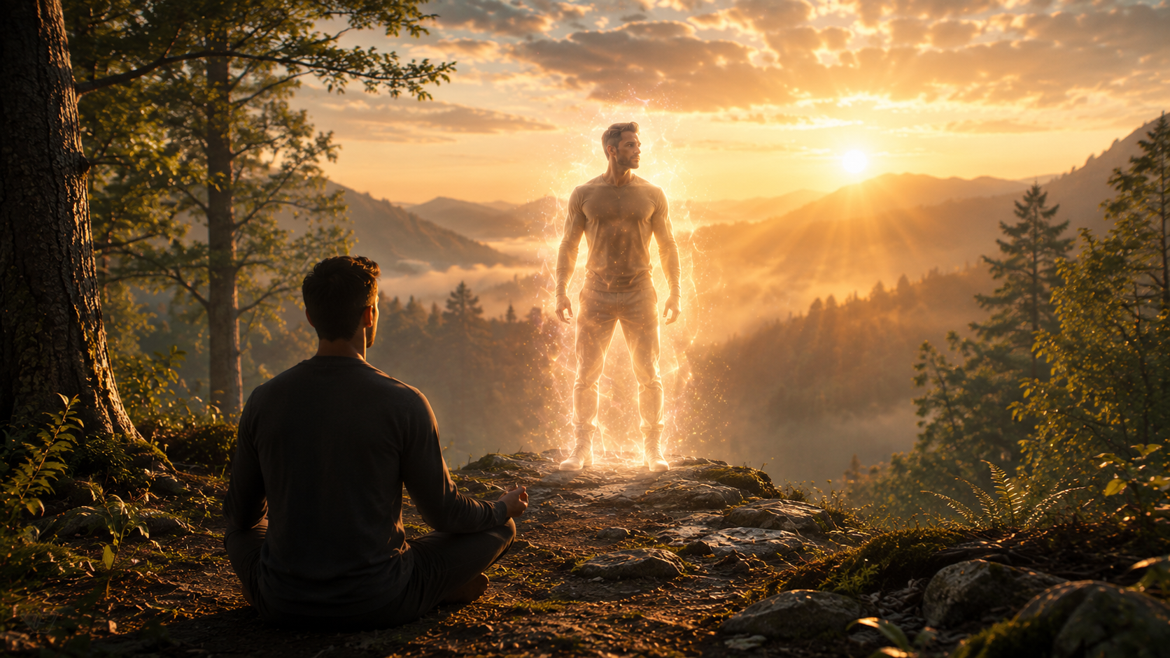 A man meditating in a forest at sunrise while seeing a luminous future version of himself standing on the path ahead.