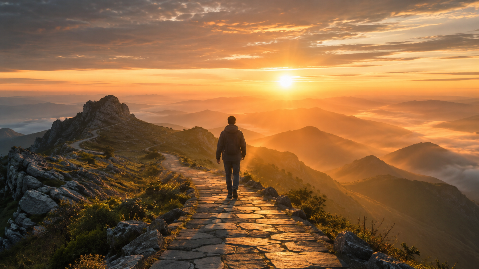 A person walking along a golden mountain path at sunrise, representing one aligned step toward the future self.