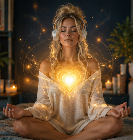A woman meditating with golden heart light, symbolizing identity rehearsal and emotional embodiment.