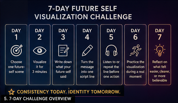 A 7-day future self visualization challenge overview showing daily practice steps.