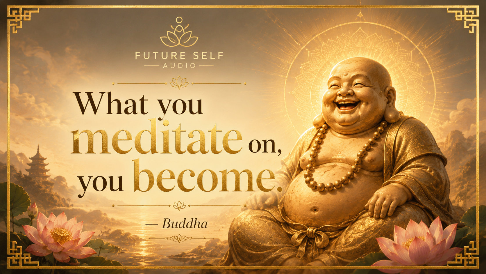 Quote card with a golden Buddha that reads, 'What you meditate on, you become.' — Buddha