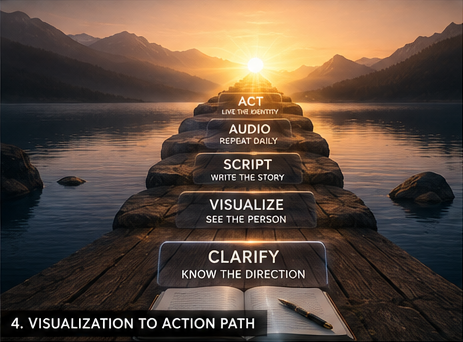A visual path showing how future self visualization moves from clarity to script, audio, and action.
