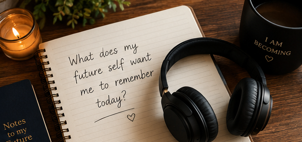 A journal with a future self prompt, headphones, candle, pen, and a warm, intentional workspace.