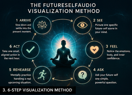 An infographic showing the FutureSelfAudio visualization method for rehearsing the person you are becoming.