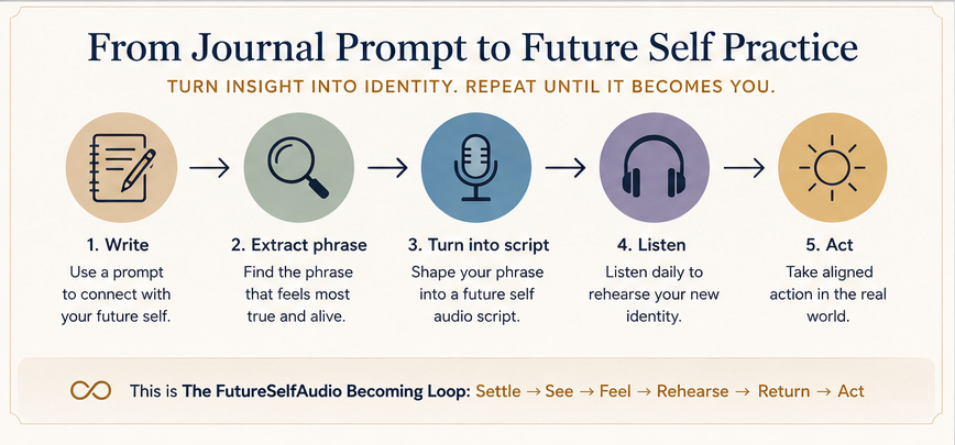 Infographic showing the process from journal prompt to future self practice: write, extract phrase, turn into script, listen, and act.