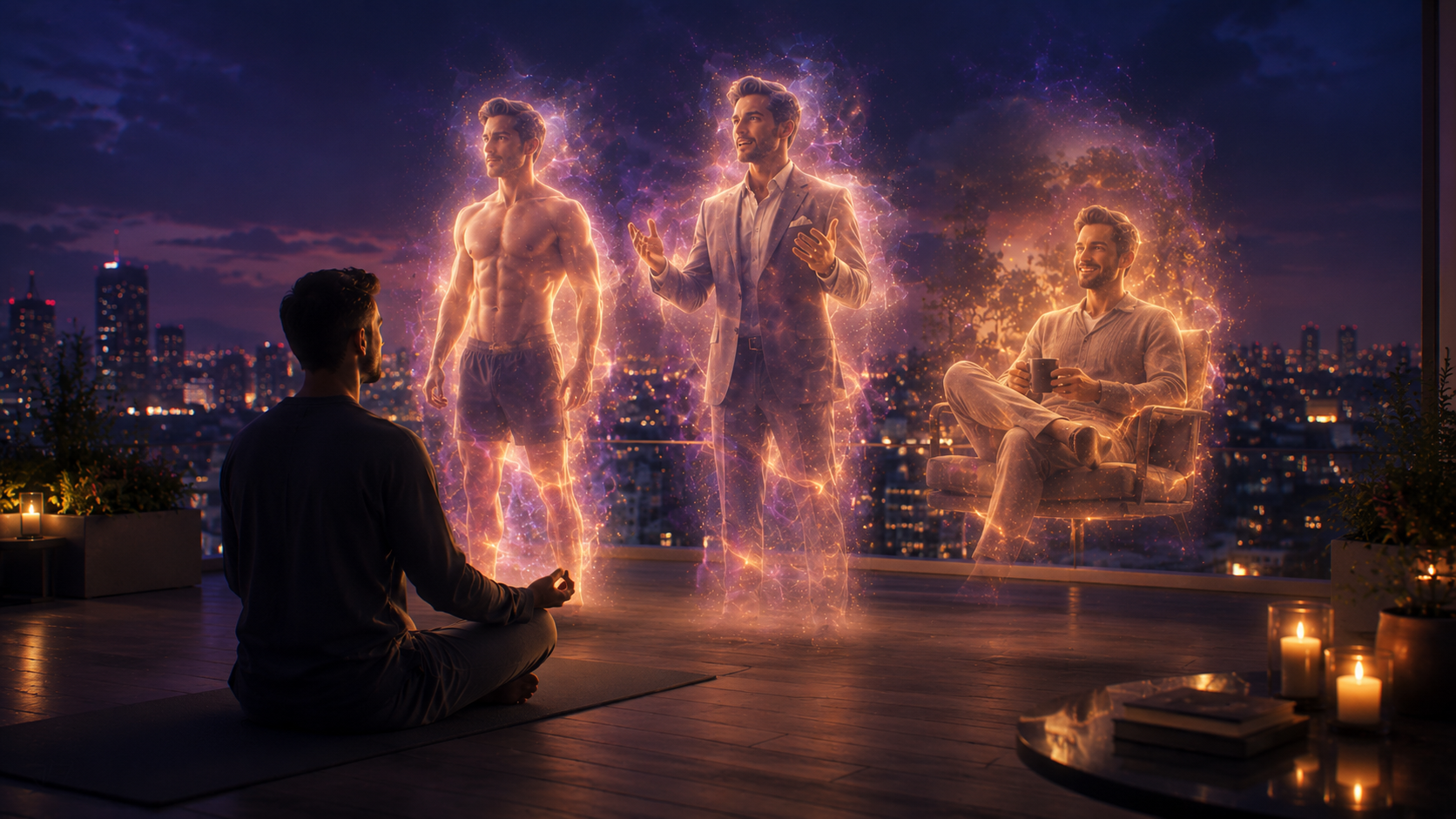 A man meditating while visualizing several possible future versions of himself, including strength, success, and calm self-trust.