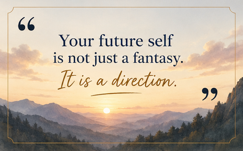 Quote card over a mountain sunrise that says, your future self is not just a fantasy. It is a direction.
