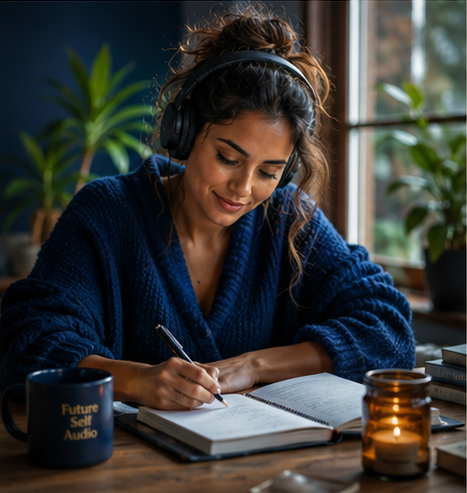 A person journaling beside a candle and FutureSelfAudio mug during a future self meditation practice.