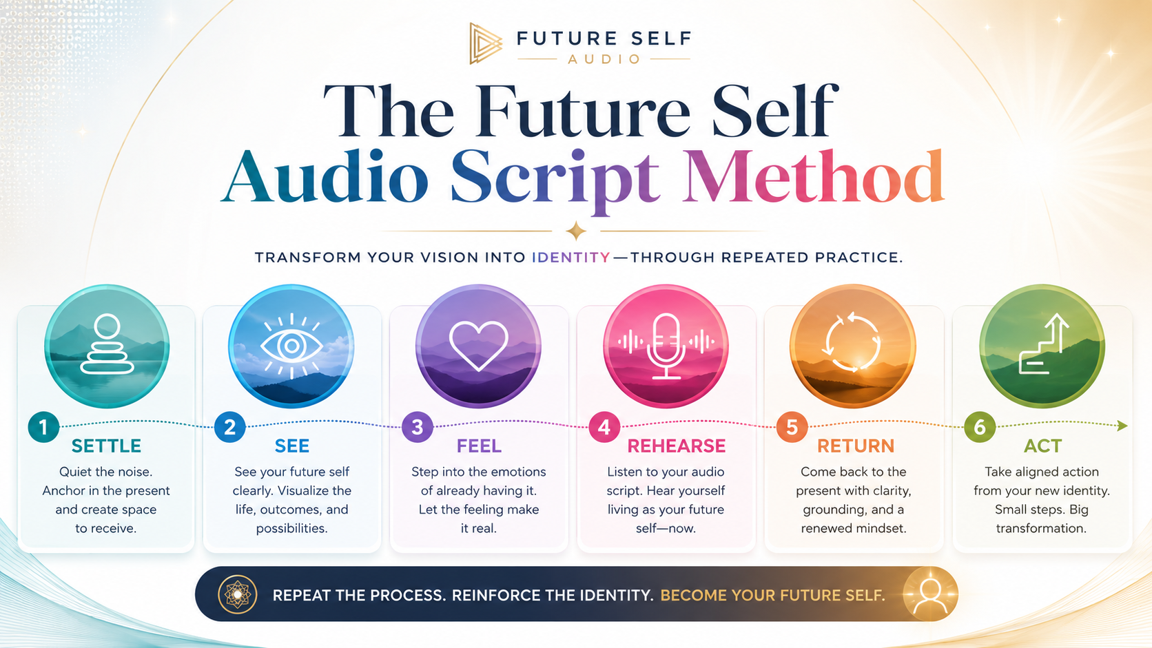 Infographic of the FutureSelfAudio Script Method: Settle, See, Feel, Rehearse, Return, Act.