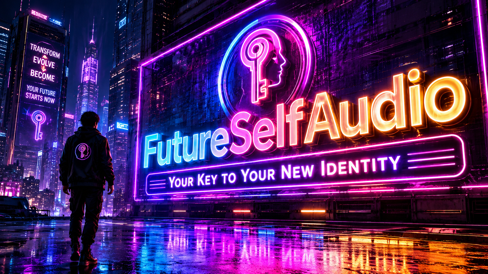 Neon FutureSelfAudio sign in a futuristic city with the tagline 'Your key to your new identity.'