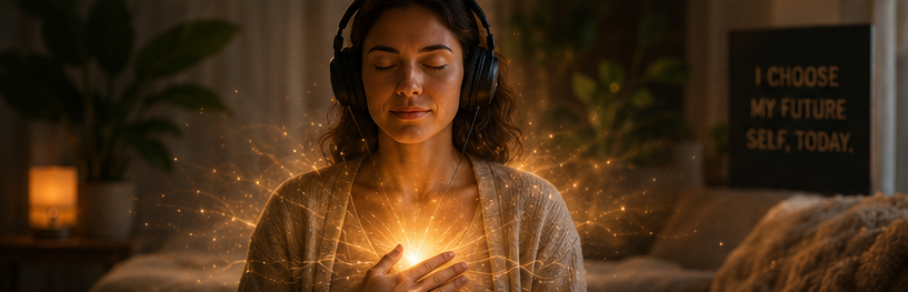 A person wearing headphones with eyes closed and subtle golden light around the chest, symbolizing emotional embodiment and future-self audio practice.