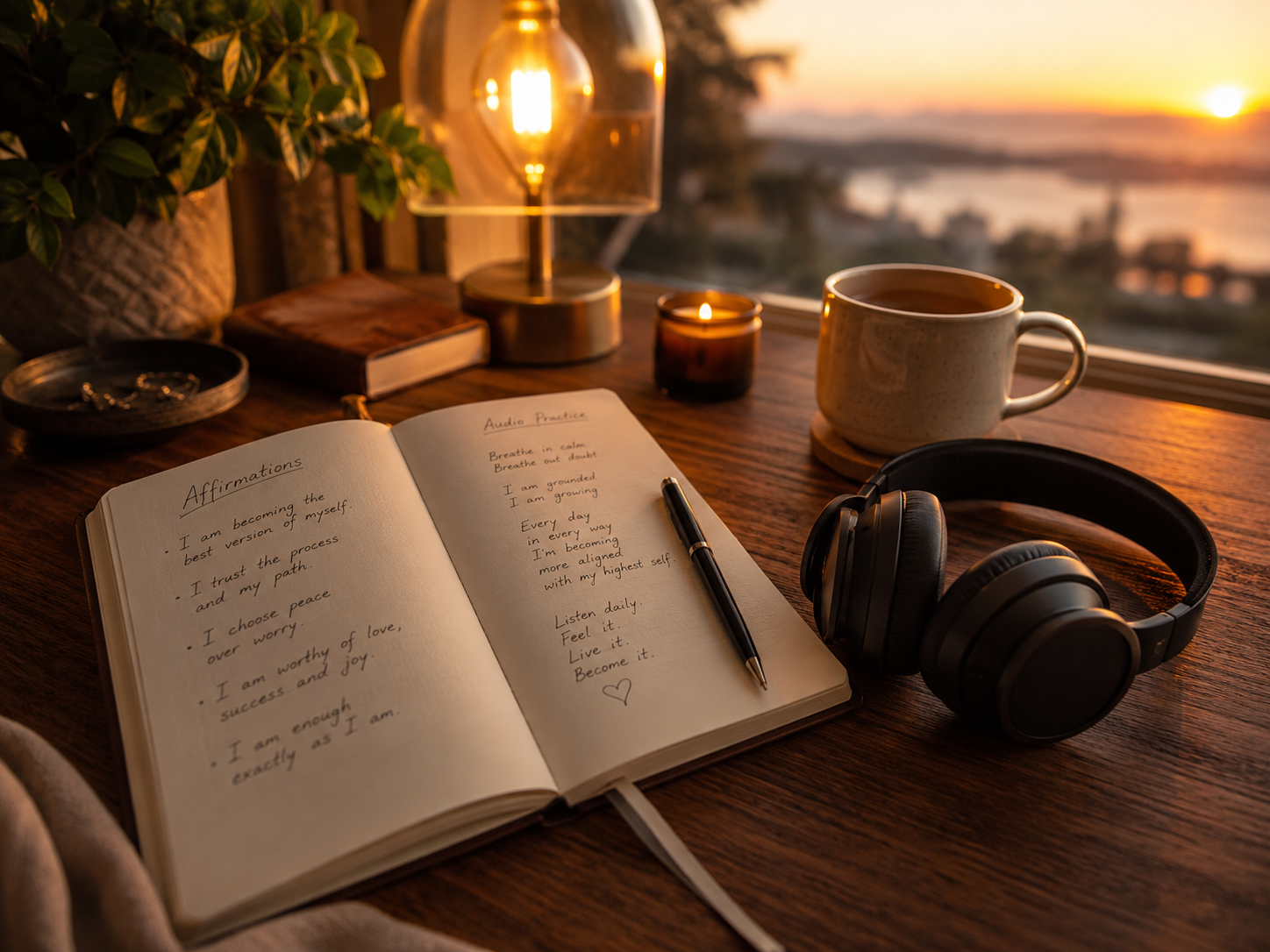 A journal, headphones, candle, and warm golden light on a desk for a future self affirmations audio practice.