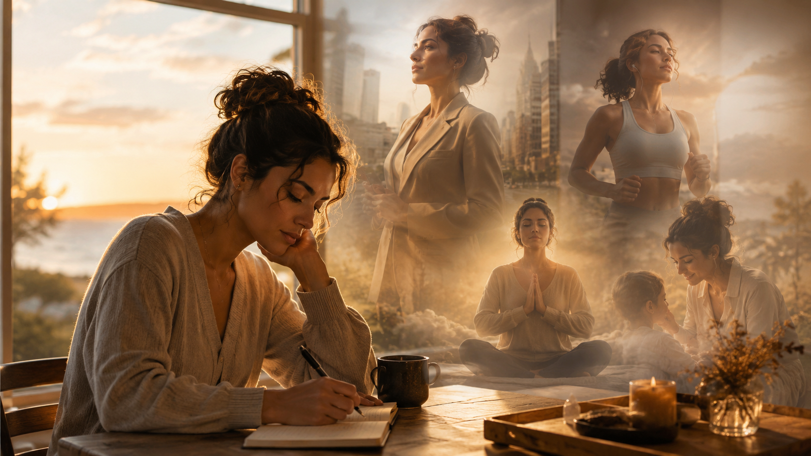 A woman journaling while several future-self versions appear around her in warm golden light.